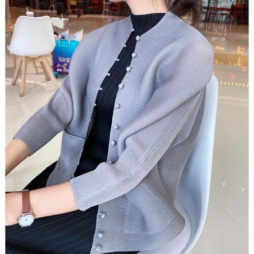 Miyake Pleated Chinese Style button shirt Jacket 2021 Spring autumn cardigan Tunics women vintage top loose pink blouses