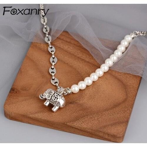 FOXANRY 925 Sterling Silver Necklace for Women New Trendy Elegant Vintage Pearls Chain Elephant Pendant Party Jewelry Lover Gift