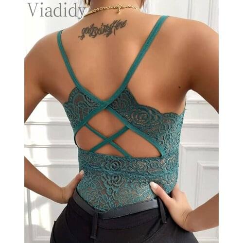 Women Sexy Plunge Backless Lace Floral Cami Tank Top