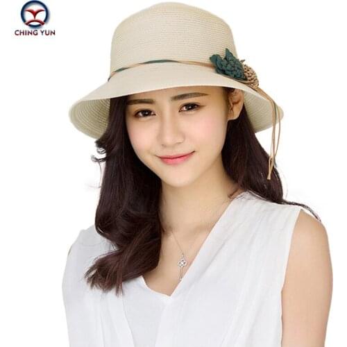 CHING YUN Summer Women hat sun 2019 Lafite straw big brim Flower decoration hat Sunscreen Seaside travel Vacation leisure hat
