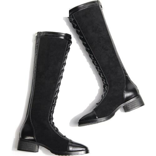 Krasovki Womens High Boots 2021 New Autumn Winter Chunky Heel Long Boots Lace Fashion Pointed Toe Zipper Breathable Women Boots