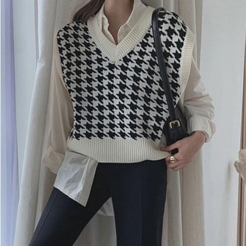 Houndstooth Vest Womens Wool Knitted Vest 2021 New Autumn Loose Korean Outdoor Soft Warm Sweater Waistcoat