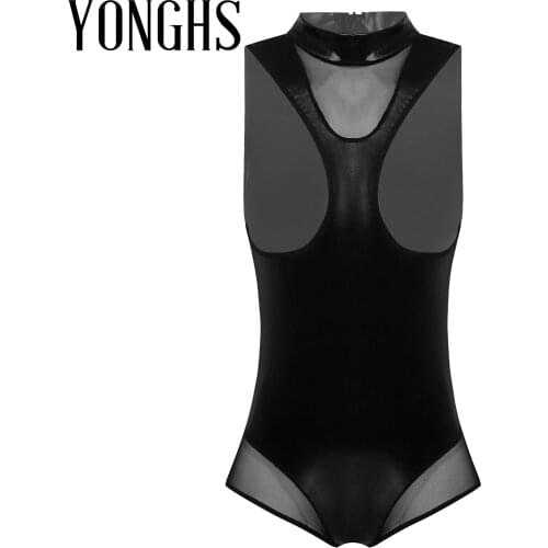 Women Lingerie Patent Leather Bodysuit Mesh Patchwork Hot Sexy Nightwear SleepwearHigh Neck Open Front Catsuit Leotard Clubwear