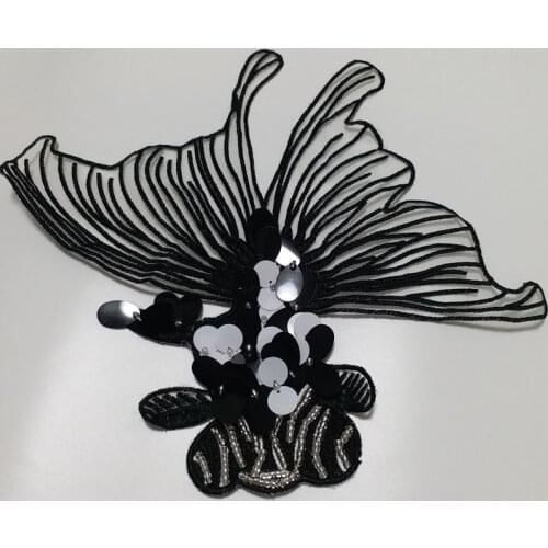 2pc/lot black goldfish embroidery patches for clothing 24*25.5cm large Embroidered sequin patch for clothes Sew on fish applique