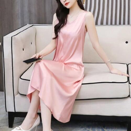 Women 2021 New Summer Vest Solid Color Dress Female Sleeveless Satin Silk Plus Size V-neck Long Midi A-line Sling Dresses L139