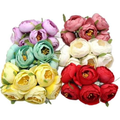 6Pcs Artificial Flowers Tea Rose Bud For Wedding Home Decoration Jewelry Accessories Fleurs Scrapbooking DIY Craft Supplies