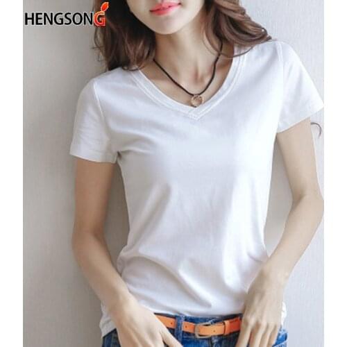 Basic T Shirt Women 2020 Summer Skinny T-shirt V-Neck Short Sleeve Black / White Casual Tee Shirt Female Tops Tshirt