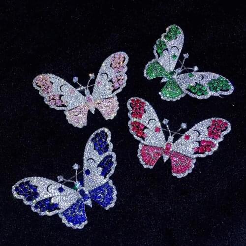Butterfly brooch 925 sterling silver with cubic zircon blue green rose red color fine women jewelry for coat dress
