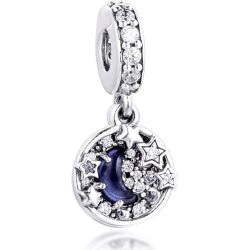 Fits Pandora Bracelet 925 Sterling Silver Charm Blue Night Sky Crescent Moon & Stars Dangle Beads DIY Jewelry Making Berloque