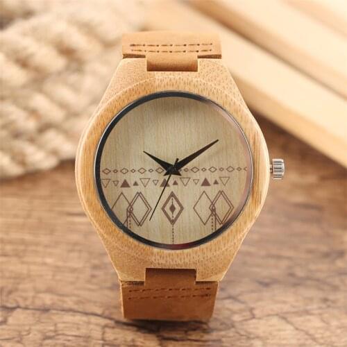 Bamboo Wooden Mens Watches Leather Band Quartz Wrist Watch Men Creative Compass Pattern Fashion Casual Male Clock Gift New
