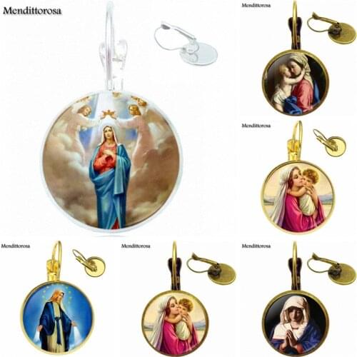 For Her Necklace Fashion Ladies Bronze/Silver/Golden Clip Ear Hook Drop Earrings Jewelry Glass Cabochon Virgin Mary
