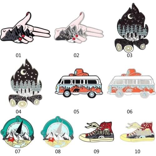 Enamel Pin Compass Outdoor Canvas Shoe Campfire Tent Camper Cartoon Bus Pattern Pin Bag Lapel Pin Badge Jewelry Gift For Friends