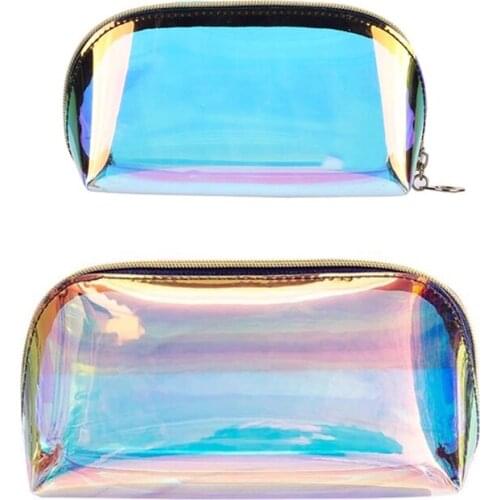 Holographic Makeup Bag Travel Portable Rainbow Iridescent Cosmetic Pouch Zippered Waterproof Clear Toiletries Organizer
