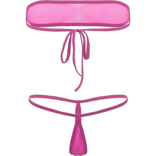 Womens Erotic Lingerie Set Micro Mini Sheer Mesh Bikini Set Swimwear Strapless Tie-on Tube Bra Tops with Thong G-String Briefs