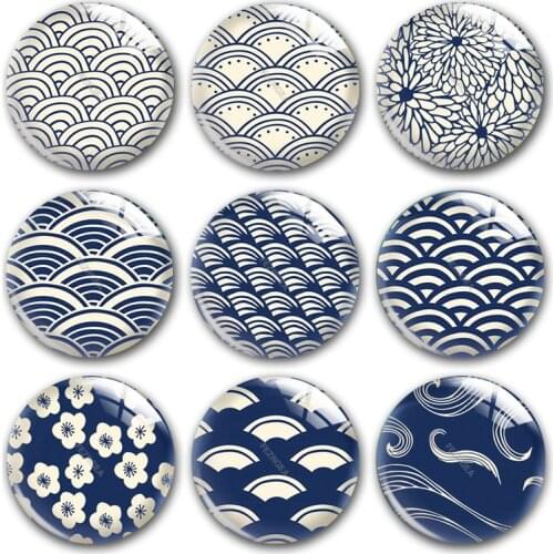 Handmade Japanese style pattern wave white blue Round photo glass cabochons demo flat back DIY collier jewlery Making findings