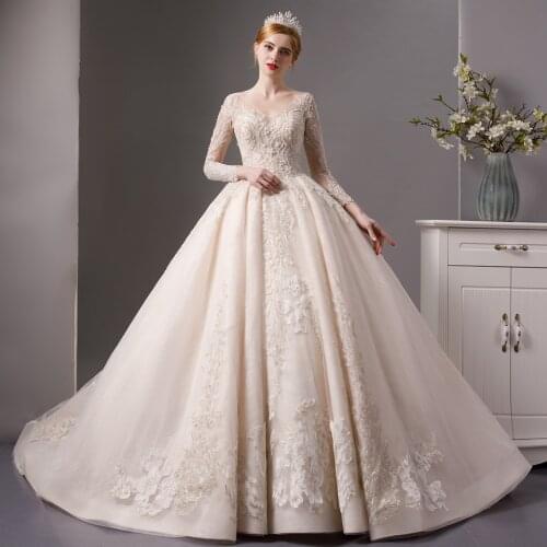 6068 long sleeve vestidos de novia corte princesa crystal beaded v neck lace backless simple 2020 wedding ball gowns plus size