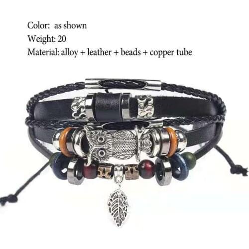 1pcs MenS Retro Style Leather Woven Bracelets Alloy Starfish Owl Multilayer Wide Wrap Jewelry Bracelets Ethnic Tribal Wristband