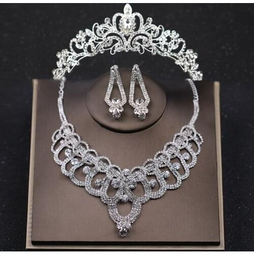 Luxury Silver Color Wedding Hair Jewelry Crystal Bride Princess Crowns And Tiaras Necklace Earring Sets Women Hair Accessories