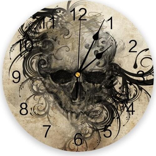 Tattoo Art Skull Vintage Halloween Round Wall Clock for Home Decor Living Room No Ticking Sound Modern Creative Wall Clocks