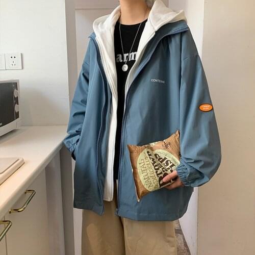 2021 Spring and Autumn New Coat Mens Loose Casual Windbreaker Hooded Zipper Mens Fake Two-piece Hooded Jacket Jacket