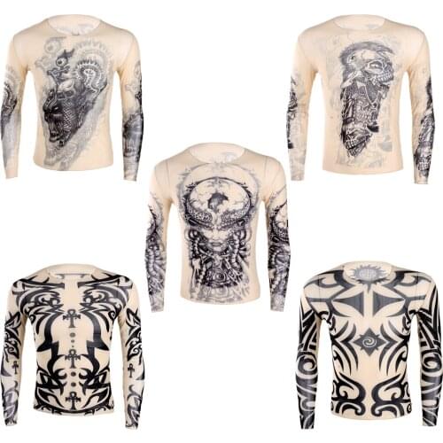 IEFiEL Autumn Men Tops Fake Tattoo Elastic See Through Full Long Sleeve Bodybuilding T-Shirt for Mens Halloween Wetlook Clothes
