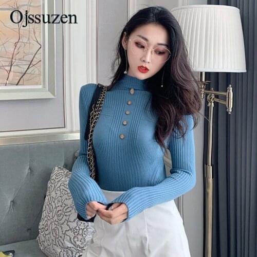 Button Women Pullover And Sweaters Slim Autumn Winter Long Sleeve Tops Female Knitted Jumper Ladies Sweater Black Blue Grey Pink