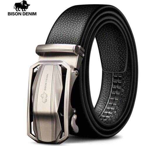 BISON DENIM Brand Mens Belt Genuine Leather Male Belts Male Automatic Buckle Casual Business Men Belt Strap 3.4 Width N71283