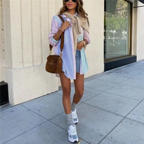 PUWD Casual Woman Loose Stripe Patchwork Shirt 2021 Spring Fashion Ladies Oversized Shirts Female Sweet Colorful Tops