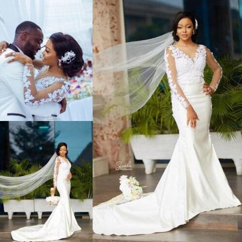 Mermaid Wedding Dresses 2021 Sheer Jewel Neck Long Sleeve Bridal Gowns Appliqued Lace Court Train Brides Dress