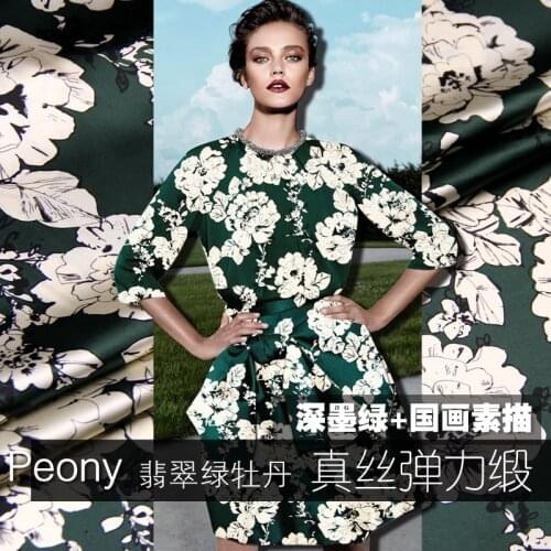 Pure Silk Heavy Elastic Satin Cheongsam Dress Material Emerald Green Peony Fabric