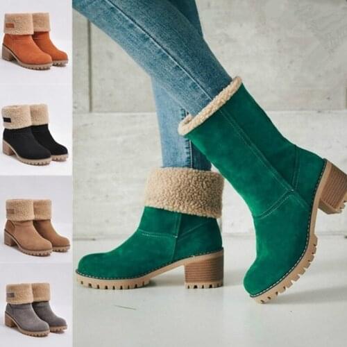 Fashion Winter Women Fur Warm Snow Boots Wool Booties Suede Thick High Heels Dual-use Plus Velvet Mid Martin Boots Shoes