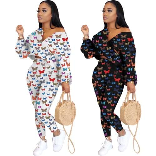 New Autumn Two Pieces Sets Women Sportswear Butterfly Print Zip Up Long Sleeve Crop Tops+High Waist Leggings Pants Outfit S-2XL