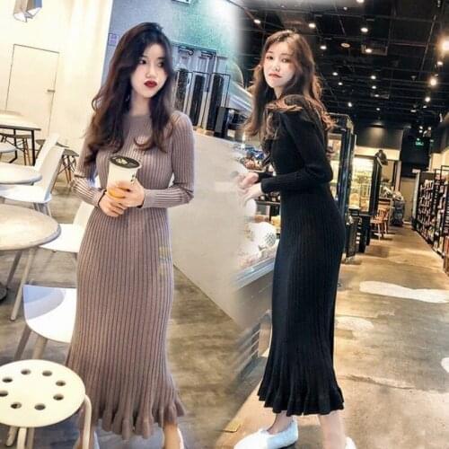 Women Winter New Style Knitted Fishtail Big Dress Long Slim Bottoming Dress Sweet Female Dress