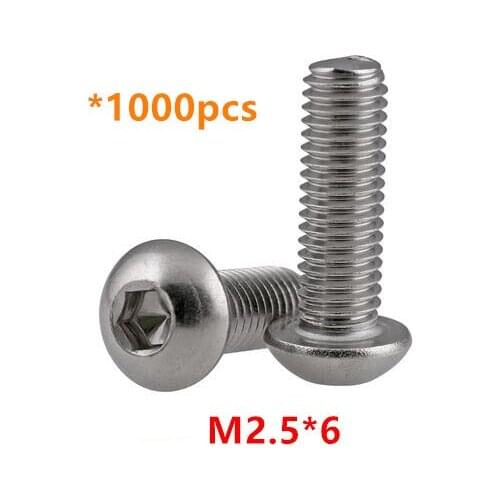 1000pcs M2.5*6 Hex Socket Button Head Screws A2-70 Stainless steel Round head Mushroom Bolts ISO7380