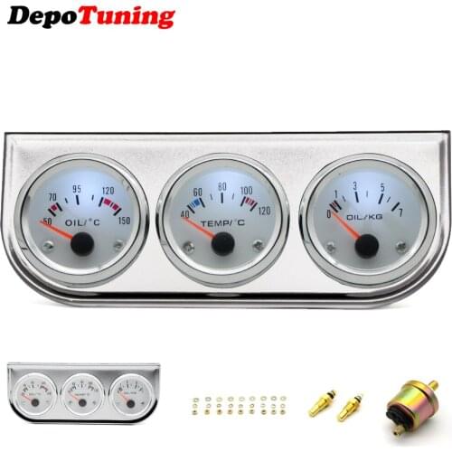 Free Shipping Water Temp Oil Temp Oil Pressure Gauge 52mm 3 in 1 Triple Gauge Kit White Color With Sensors and holdercombination