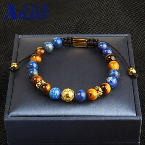 New Stainless Steel Cross Macrame Bracelet with 8mm Nautural Lapis & tiger Eye Stone Beads Top Quality Free Lase Printing Logo