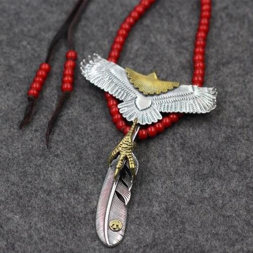 Takahashi Goro Retro Thai Silver S925 Sterling Silver Red Glass Beads Buckskin Rope Brown Eagle Pendants A Set Necklace