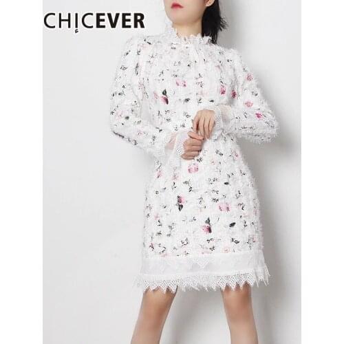 CHICEVER Vintage Dress For Women Stand Collar Print Hit Color Elegant Lace Mini A Line Dresses Female 2021 Spring Clothing Tide