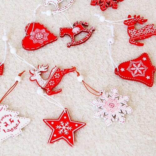 12PCS/Lot DIY White&Red Christmas Printed Wooden Pendant Ornaments Christmas Hanging Pendant Kids Gift Xmas Tree Ornaments Decor