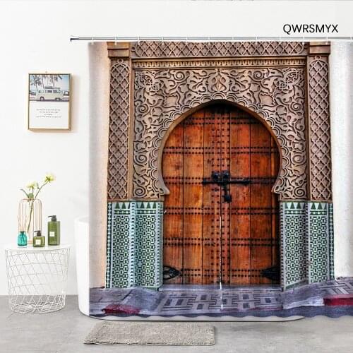 Ancient Greek Wooden Door Shower Curtains Retro Ornate Color Gate Bathroom Decor Curtain Home Background Wall Hanging Cloth Hook
