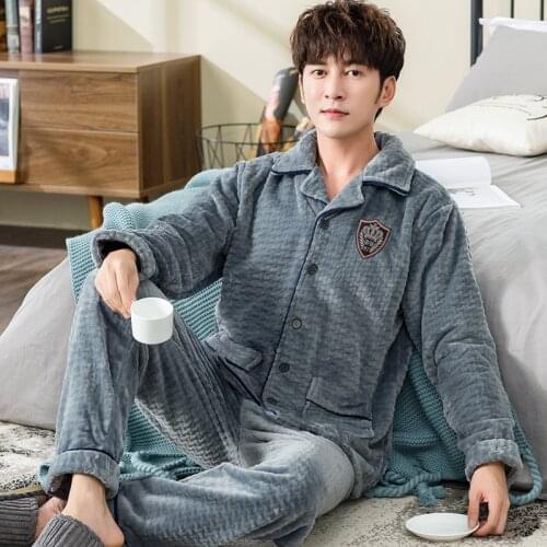 Flannel Pajamas For Men Winter Thicken Warm Pyjamas Set 2Pieces Man Blue Button-Down Home Clothes Sleepwear Pijama Hombres