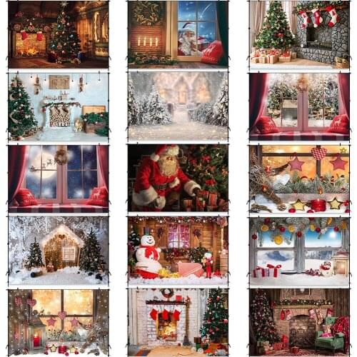 Christmas Backdrops Family Party Winter Snow Tree Santa Wood Floor Glitter Backgrounds Fireplace Gift Photocall For Photo Studio