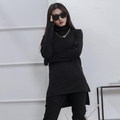 Black white dark grey medium length front short back long side split high collar long sleeve T-shirt mittens large lady