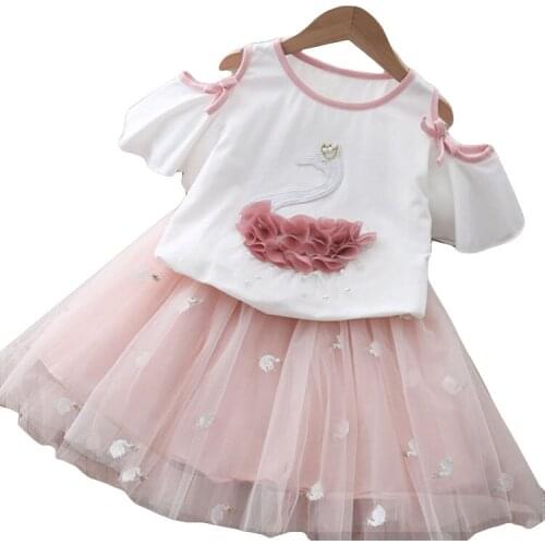 Girls Clothing Sets 2021 Summer Children Cotton Printing Short Sleeve + Mesh Skirt 2-Piece Outfit Toddler Swan Embroidery Suit
