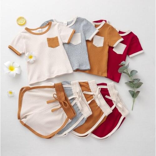 Summer Lovely Infant Kids Girls Boys Clothes Sets Knit Solid Short Sleeve Pocket Tops Shorts 2pcs 0-4Y 4 Colors