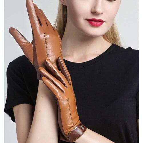 Genuine Leather Gloves Female Autumn Winter Warm Plush Lined Fashion Patchwork Sheepskin Woman Gloves Free Shipping TE3326