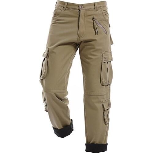 Mens Winter Warm Fleece Pants Thick Chinos Cargo Pants Many Pocket Baggy Work Military Overalls Male Long Trousers Plus Size 40
