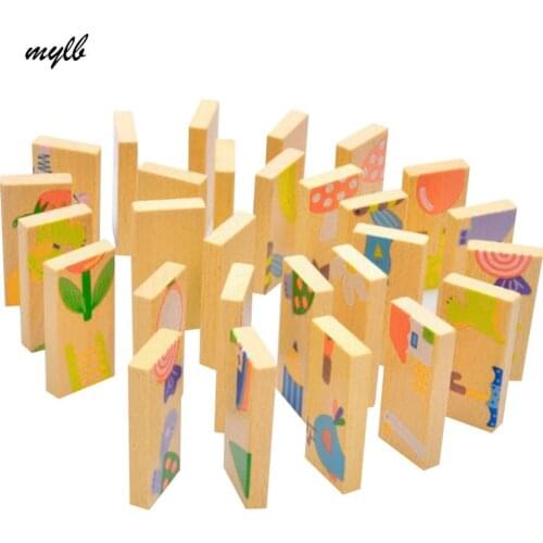 Mylb 28pcs Unisex Baby Kid Animal Domino Blocks Toy Safe Wood Domino Educational Toys Gift for Kid Above 3 Years Old