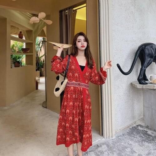 2020 New Womens Euro-american Bohemian Dress v-neck Split Print Dress For Women