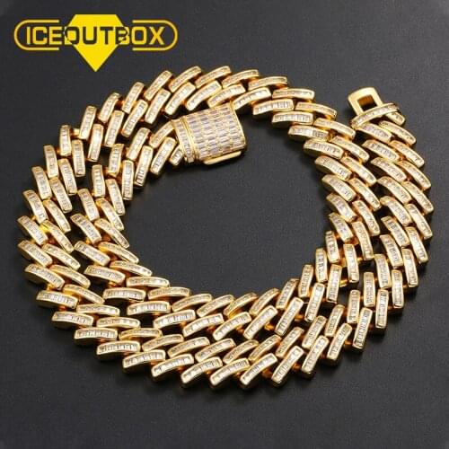 New Baguette Miami Curb Cuban Chain Necklace 14mm Gold Iced Out Paved Rhinestones CZ Bling For Mens Hip Hop Fashion Jewelry